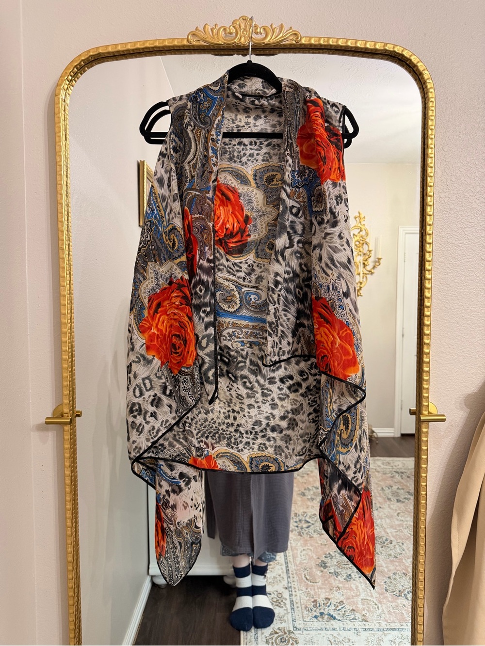 Sheer Floral & Leopard Print Kimono Vest - Orange Roses